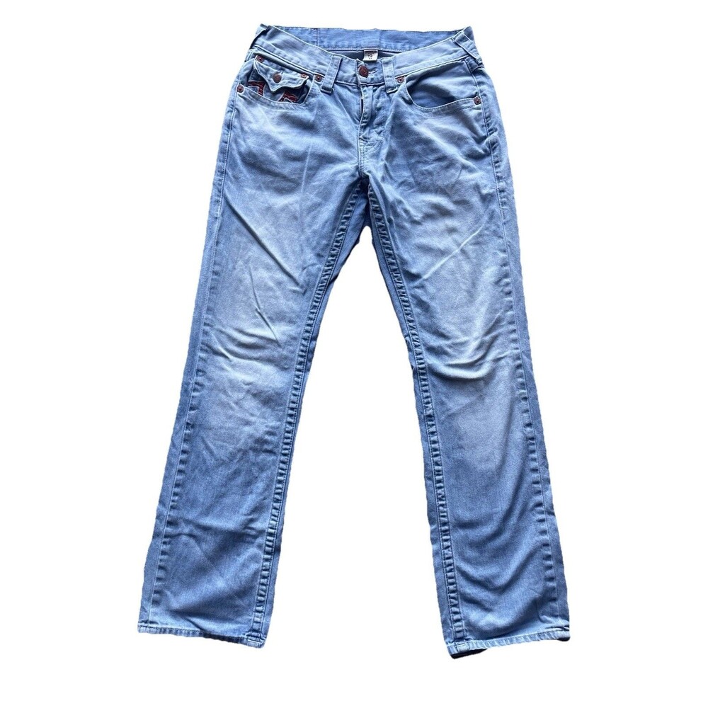True Religion Jeans Mens Sz  31 Light Wash Straight FNatural Runstch Red Detail